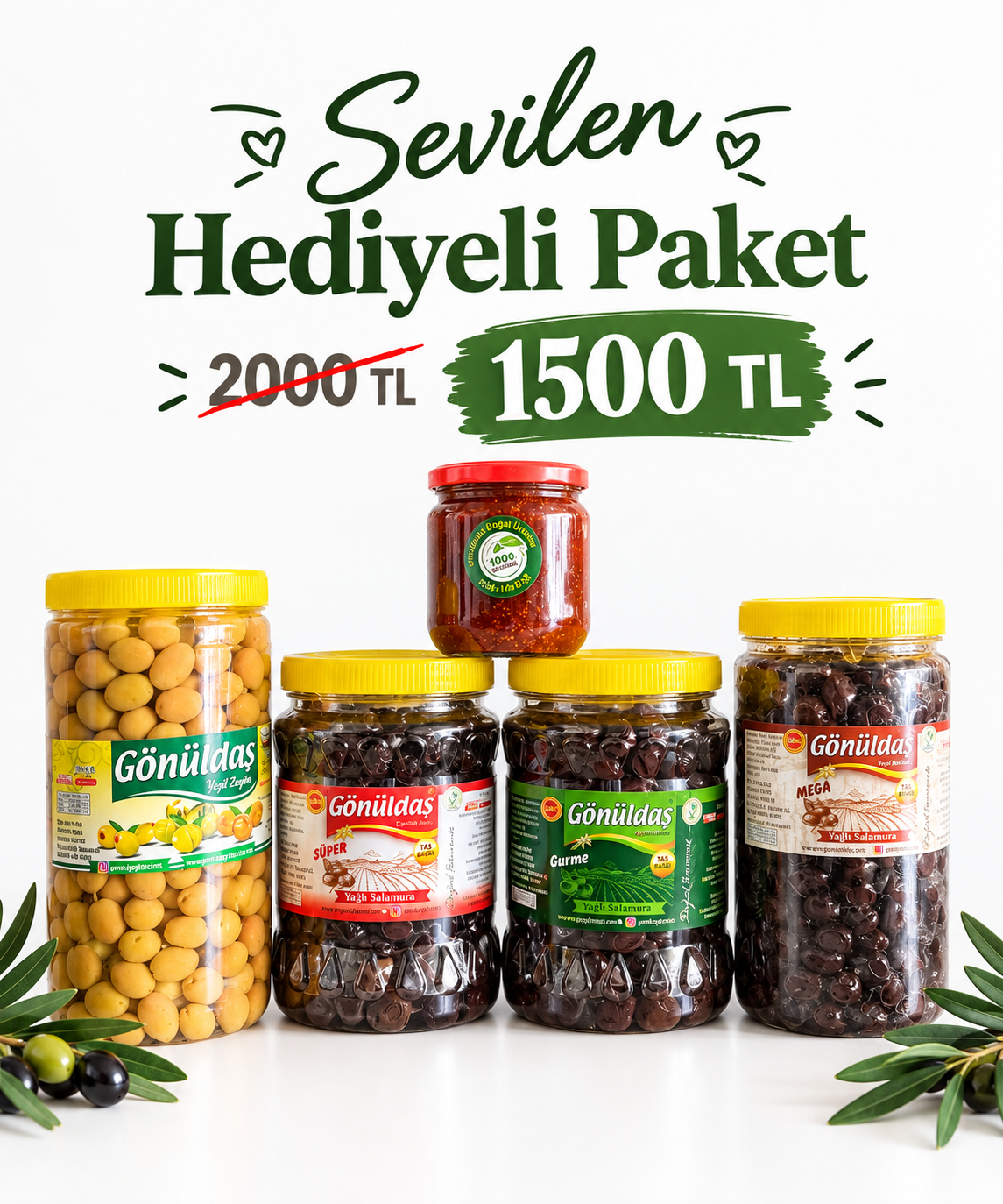 5'li Tanışma Paketi (1 kg Yeşil Zeytin - 1 kg İri Gurme - 1 kg Mega - 1 kg Süper - İncir Reçeli)